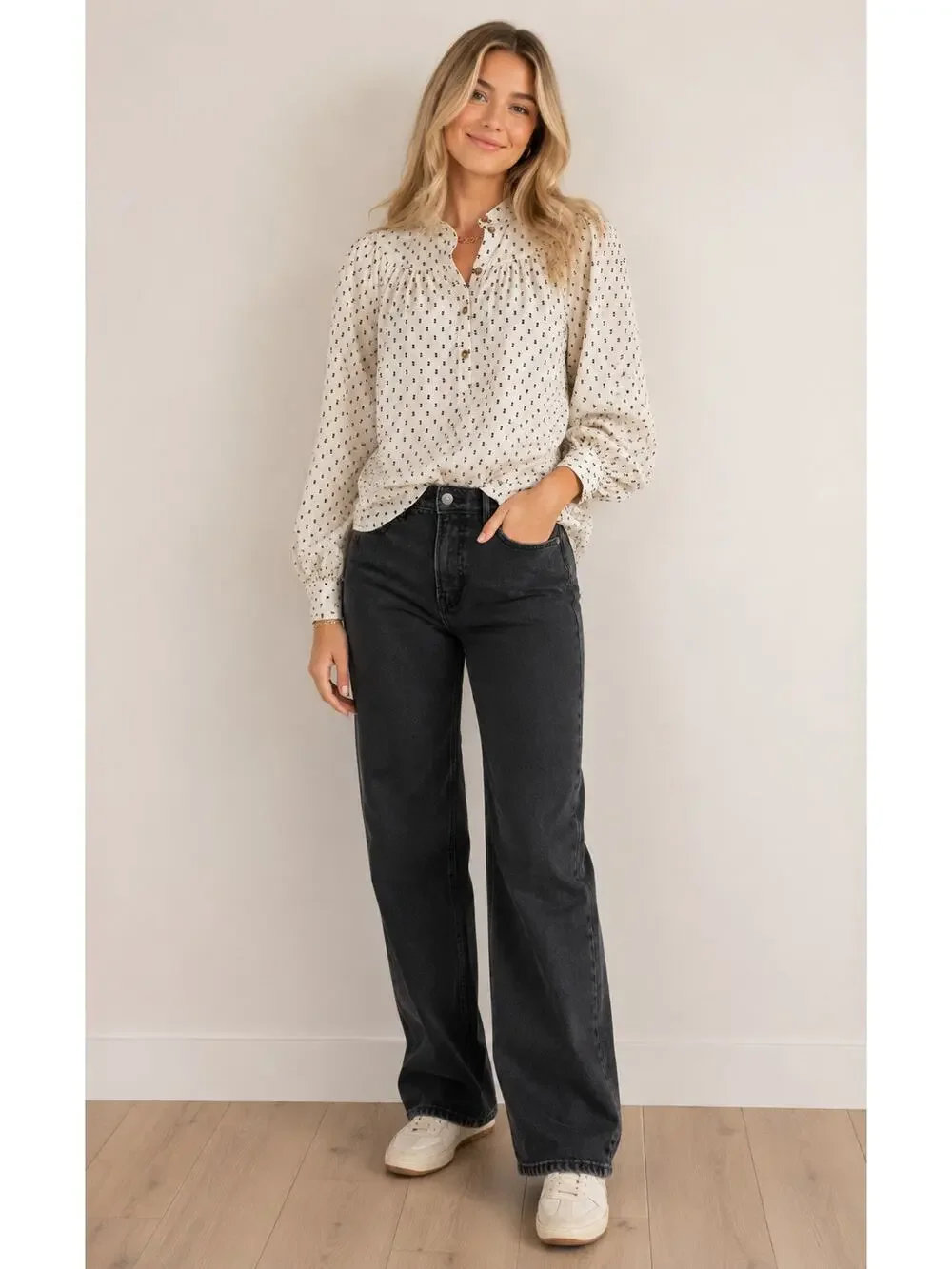 Old Navy Puff Sleeve Black Clip Dot Henley Blouse Size XXL Cream 100% Cotton